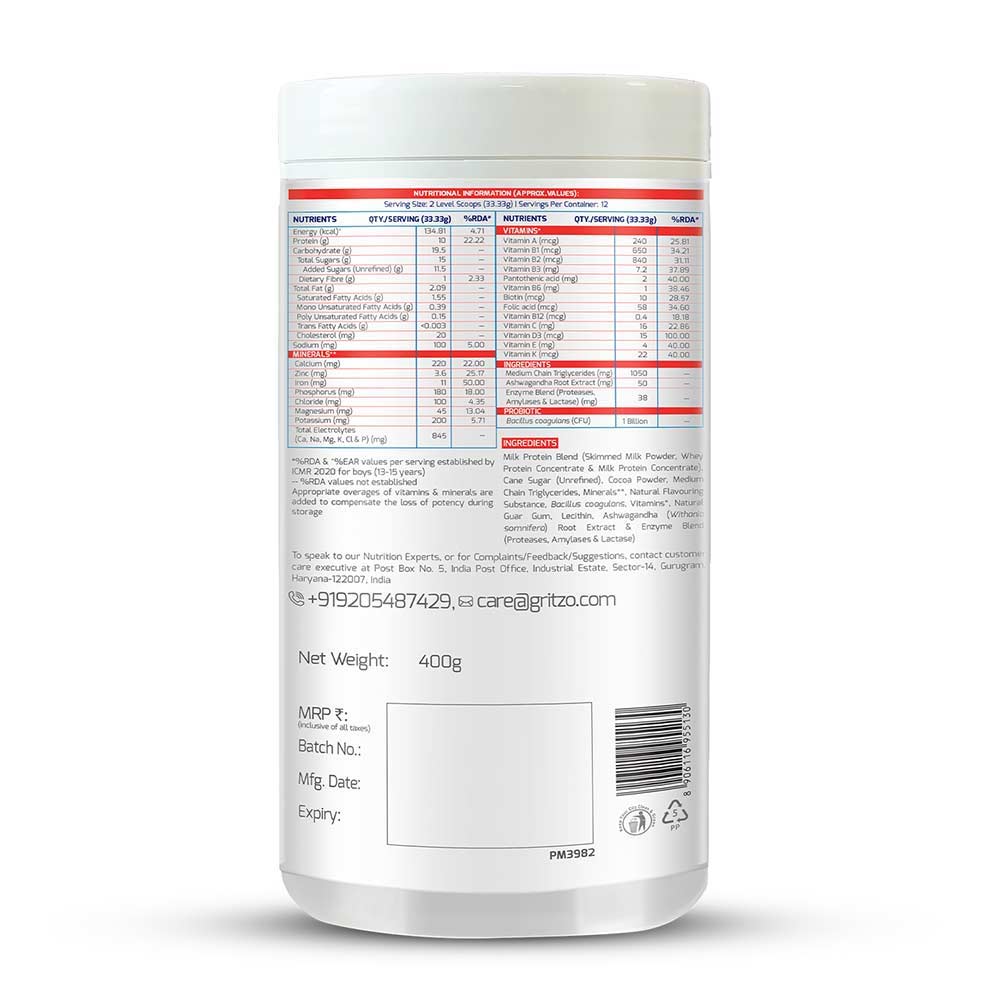 8 - Gritzo Supermilk Personalized Protein & Nutrition Drink 13+yrs Boys Weight + OP,  400 g  Double Chocolate 