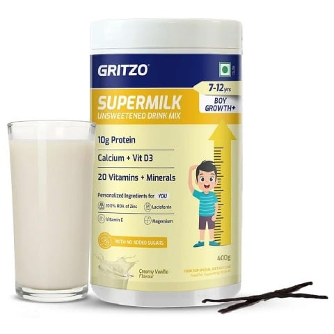 1 - Supermilk Gritzo Growth+(Formerly Height+) Unsweetened for Boy 7 to 12 Years OP,  400 g  Creamy Vanilla 