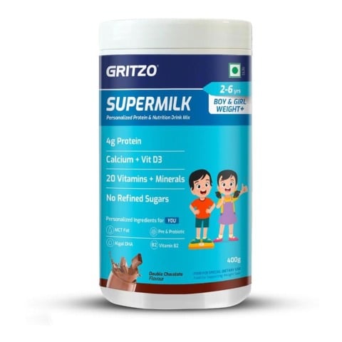 2 - Supermilk Gritzo Weight+ for 2-6 Yrs Boy & Girl Personalized Protein & Nutrition Drink Mix,  400 g  Double Chocolate 