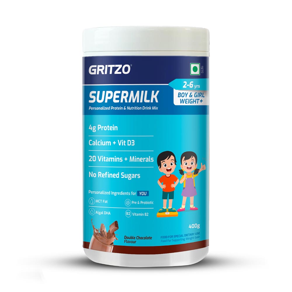 Supermilk Gritzo Weight+ for 2-6 Yrs Boy & Girl Personalized Protein & Nutrition Drink Mix, 400 g Double Chocolate