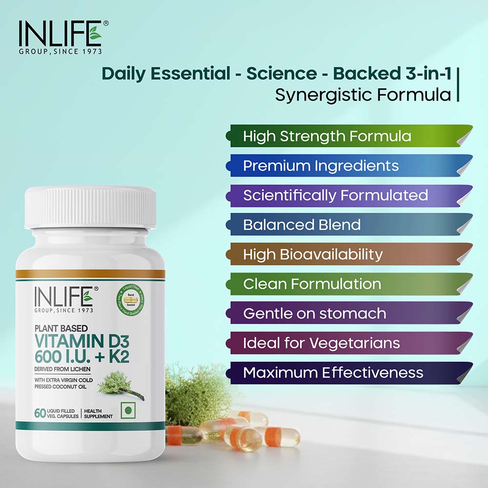 8 - INLIFE Plant Based Vitamin D3 600 IU + K2,  60 veggie capsule(s)  Unflavoured 