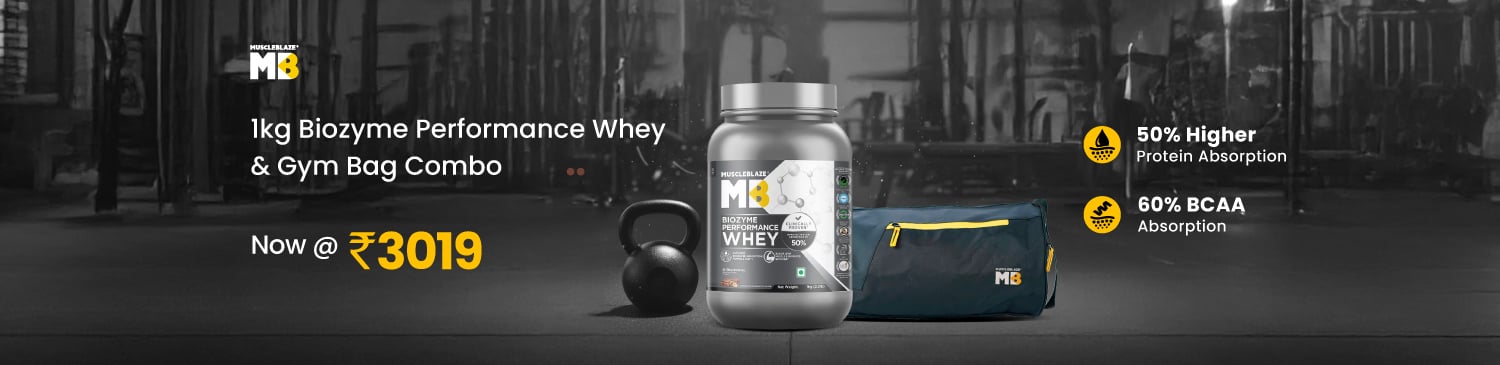 Biozyme Performance Whey 1 kg & Gym Bag Combo | Offer Price - 3019