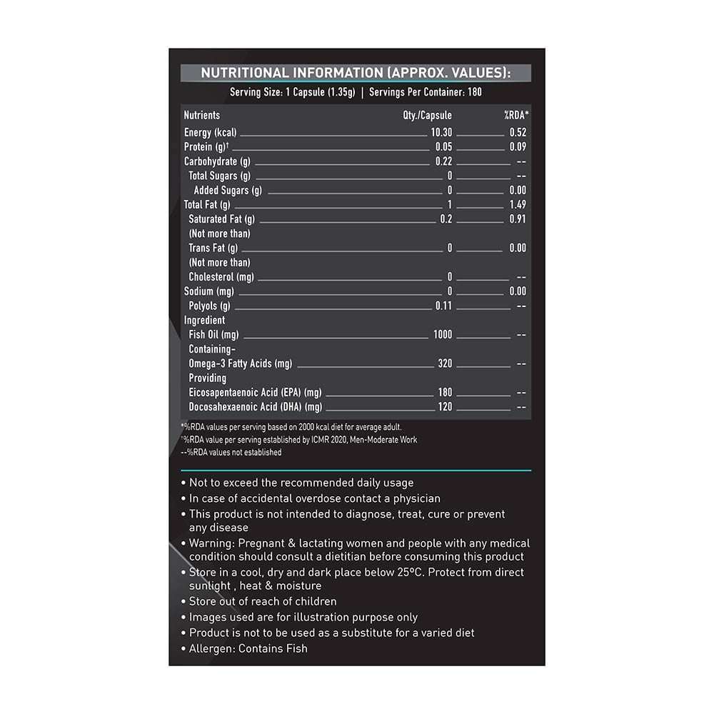 5 - MuscleBlaze Omega 3 Fish Oil (1000 mg) with 180mg EPA and 120mg DHA,  180 capsules 