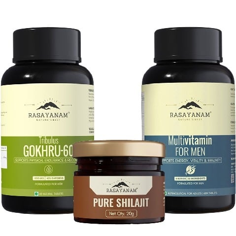 Rasayanam Pure Himalayan Shilajit 20g, Tribulas Gokhru-60 60 Tablets & Multivitamin for Men Combo, 60 tablet(s) Unflavoured