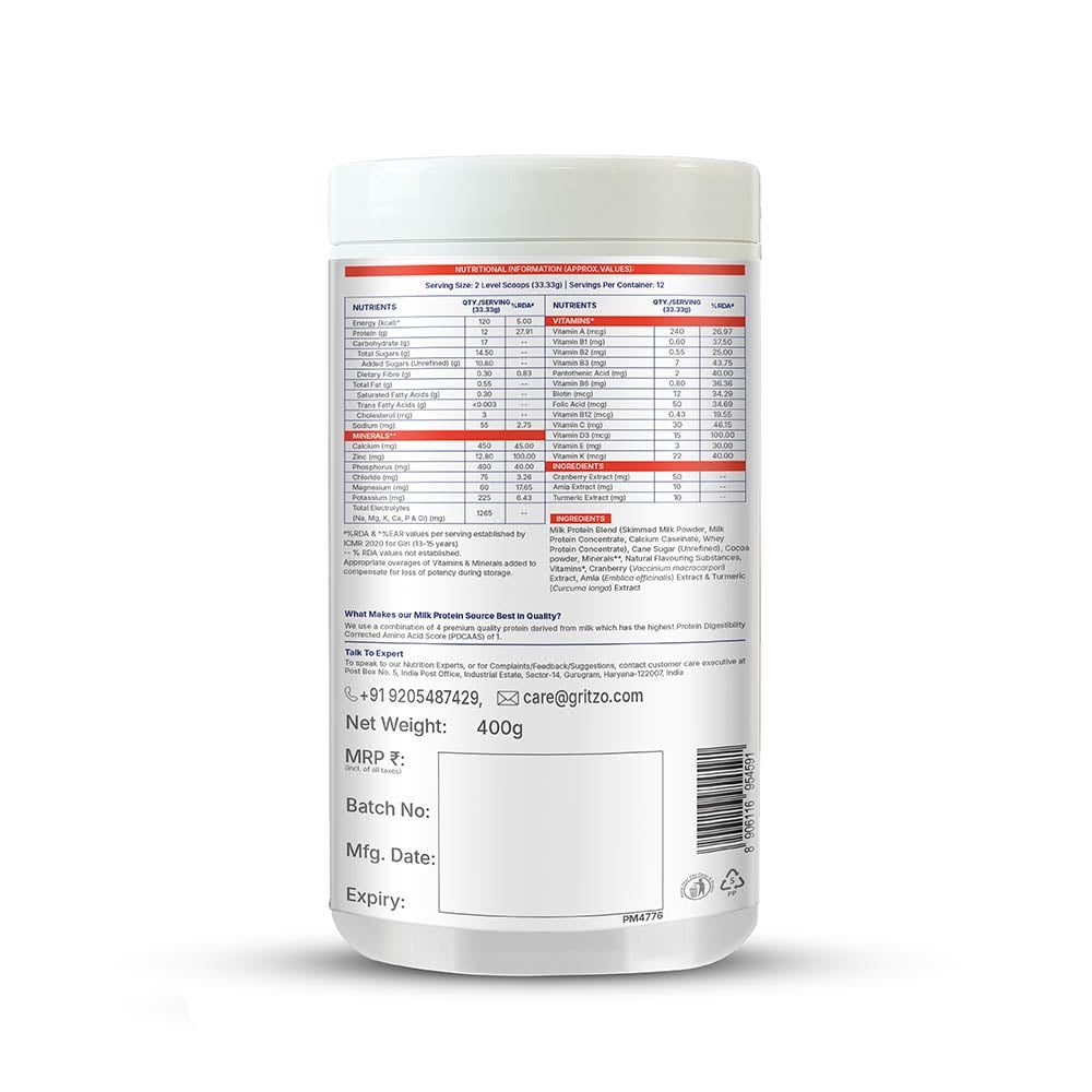 11 - Supermilk Gritzo Overall Growth for 13+ Yrs Girls Protein & Nutrition Drink Mix,  400 g  Double Chocolate 