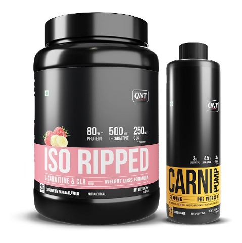 QNT ISO Ripped & Carnipump Ripping Pre-workout 500ml Navel Orange Combo, 2.2 lb Strawberry Banana