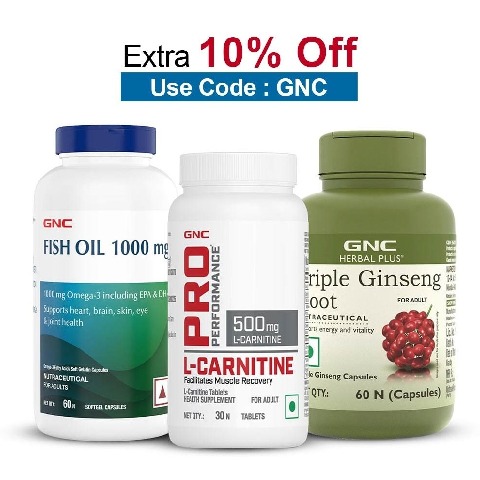 GNC Herbal Plus Triple Ginseng Root 60 Capsules with Fish Oil 60 Softgels & L-Carnitine 30 Tablets Combo, 3 Piece(s)/Pack