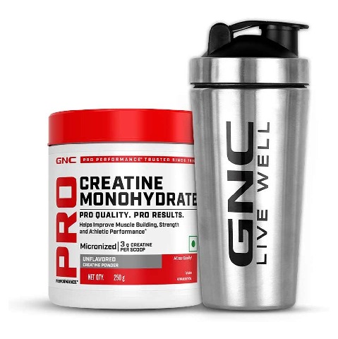 1 - GNC Pro Performance Pure Micronized Creatine Monohydrate,  Unflavoured with Steel Shaker 750ml  0.55 lb 