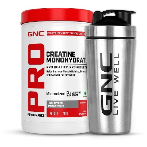 1 - GNC Pro Performance Pure Micronized Creatine Monohydrate,  Unflavoured with Steel Shaker 750ml  0.88 lb 