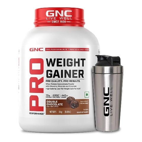 1 - GNC Pro Performance Weight Gainer, 6.6 lb Double Chocolate with Steel Shaker 750ml