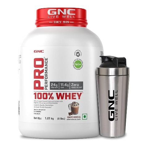 1 - GNC Pro Performance 100% Whey Protein & Steel Shaker Silver 750ml Combo, 4 lb Cafe Mocha