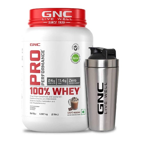 1 - GNC Pro Performance 100% Whey Protein, 2 lb Cafe Mocha with Steel Shaker 750ml Combo