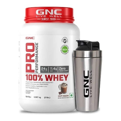 1 - GNC Pro Performance 100% Whey Protein & Steel Shaker Silver 750ml Combo, 2 lb Cafe Mocha
