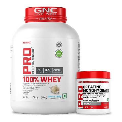 1 - GNC Pro Performance 100% Whey Protein, 4 lb Vanilla Cream with Creatine Monohydrate 0.55 lb Combo