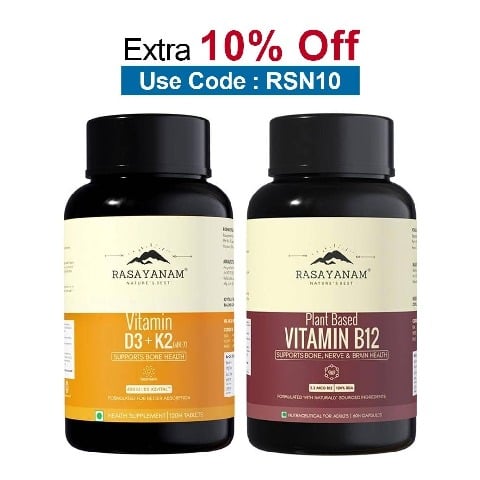 Rasayanam Vitamin D3 K2 (MK-7) 120 Tablets & Plant Based Vitamin B12 Combo,  60 capsules  Unflavoured 