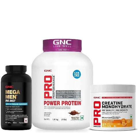 GNC Pro Performance Power Protein 4 lb Double Rich Chocolate & Creatine Monohydrate Orange 0.22 lb with Mega Men One Daily Multivitamin 60 Tabs