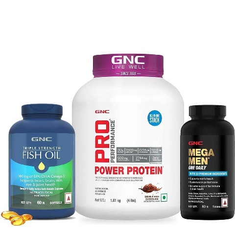 GNC Pro Performance Power Protein 4 lb Double Rich Chocolate & Mega Men One Daily Multivitamin 60 Tabs with Triple Strength Fish Oil 60 Softgels
