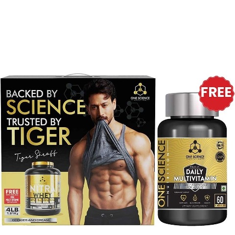 One Science Nitra Whey Tiger Combo Pack, 4 lb Cookies and Cream with Daily Multivitamin 60 Capsules