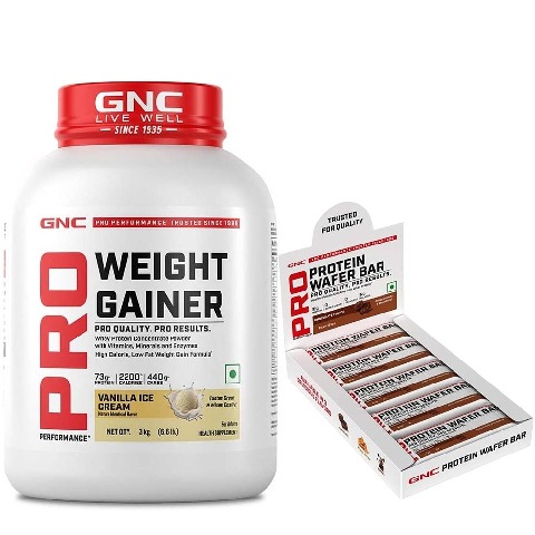 GNC Pro Performance Weight Gainer 6.6 lb Vanilla Ice Cream & Pro Performance Protein Wafer Bar 10 Bars Chocolate