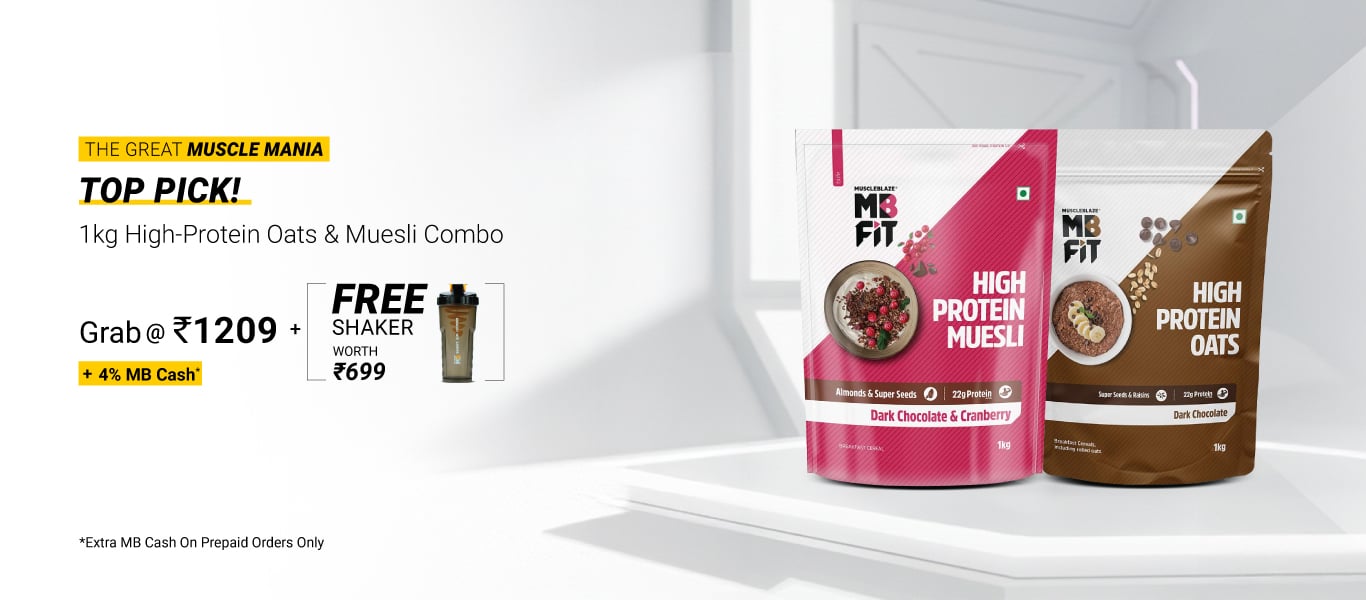High Protein Oats Dark Chocolate & High Protein Muesli Dark Chocolate & Cranberry 1 kg Combo @ 1209 + Free Shaker + 4% MB Cash