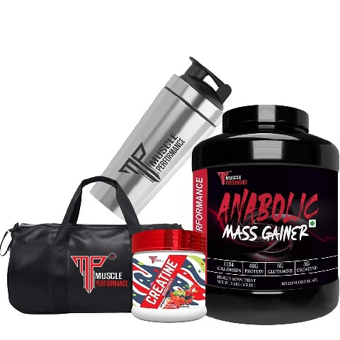 1 - Muscle Performance Anabolic Mass Gainer with Creatine Monohydrate 0.66 lbs, Steel Shaker & Gym Bag Combo,  5.5 lb  Belgium Chocolate 