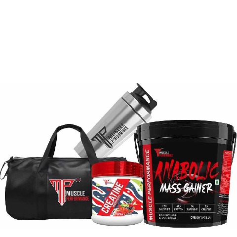 1 - Muscle Performance Anabolic Mass Gainer with Creatine Monohydrate 0.66 lbs, Steel Shaker & Gym Bag Combo, 11 lb Creamy Vanilla