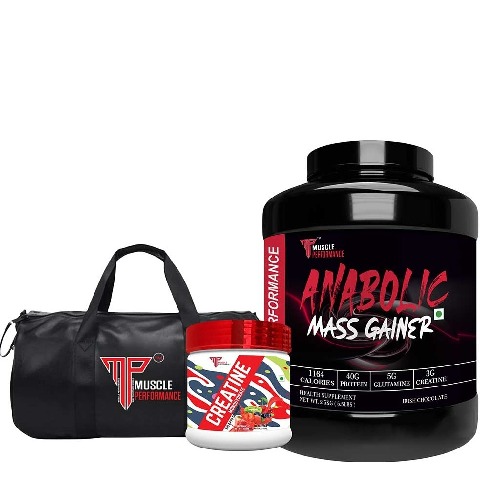 1 - Muscle Performance Anabolic Mass Gainer with Creatine Monohydrate 0.66 lbs & Gym Bag Combo, 5.5 lb Irish Chocolate
