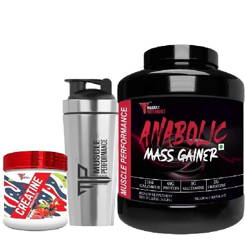 1 - Muscle Performance Anabolic Mass Gainer with Creatine Monohydrate 0.66 lbs & Steel Shaker Combo,  5.5 lb  Belgium Chocolate 