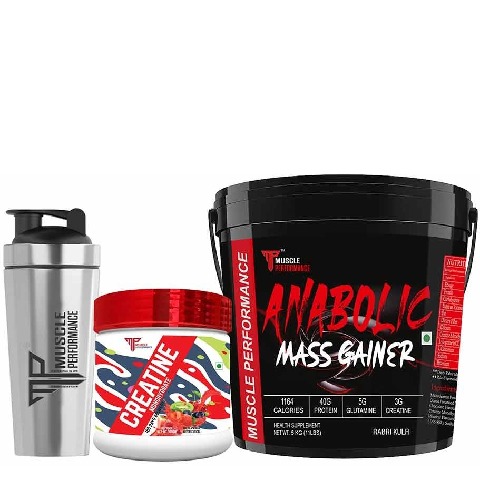 1 - Muscle Performance Anabolic Mass Gainer with Creatine Monohydrate 0.66 lbs & Steel Shaker Combo,  11 lb  Creamy Vanilla 
