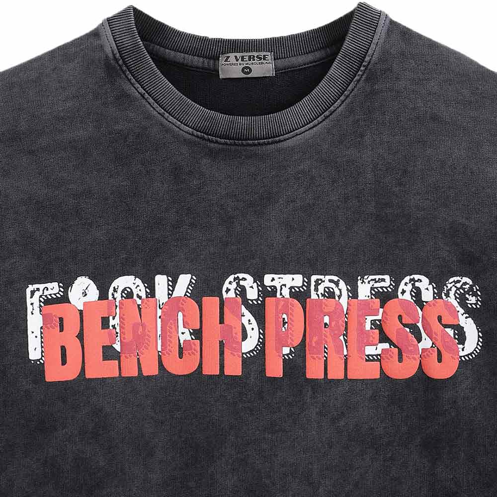 5 - MuscleBlaze F.ck Stress Bench Press Oversized Washed T-Shirt,  Medium  Dark Charcoal Grey