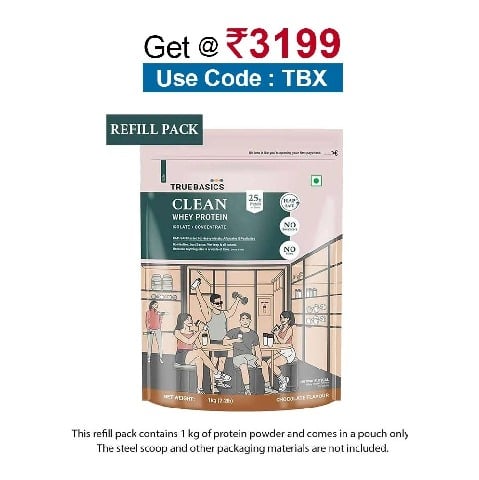 TrueBasics Clean Whey Protein (Isolate + Concentrate),  2.2 lb  Chocolate (Refill Pack) 