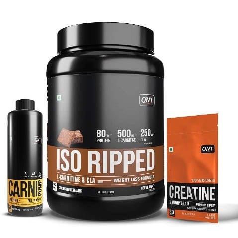 1 - QNT ISO Ripped, Carnipump Ripping Pre-workout 500ml Navel Orange & Creatine Monohydrate Unflavoured 0.198 lb Combo,  2.2 lb  Choco Brownie 