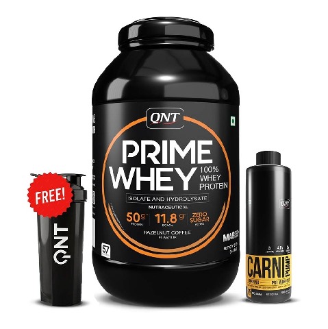 1 - QNT Prime Whey, Carnipump Ripping Pre-workout 500 ml Navel Orange & Plastic Protein Shaker Black 700ml Combo, 4.4 lb Hazelnut Coffee
