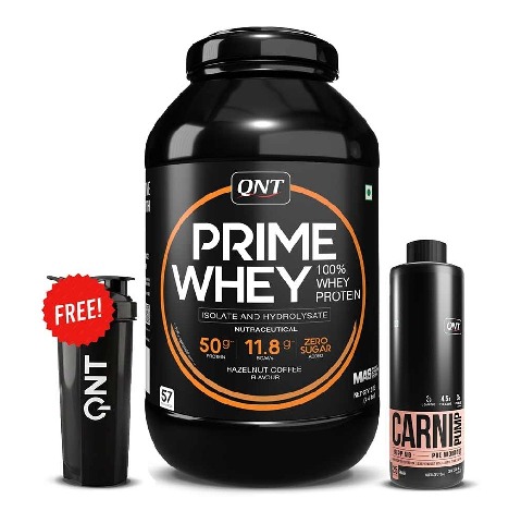 1 - QNT Prime Whey, Carnipump Ripping Pre-workout 500 ml Peach & Plastic Protein Shaker Black 700ml Combo,  4.4 lb  Hazelnut Coffee 