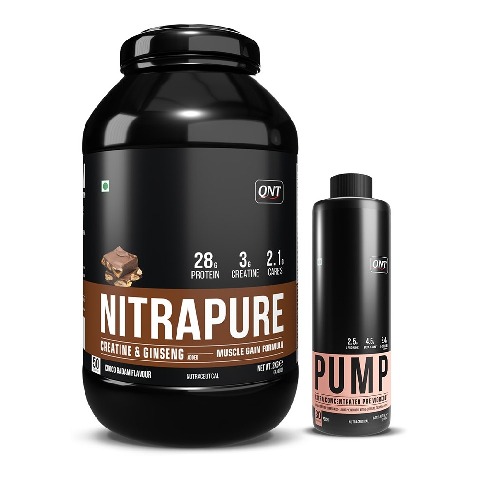 1 - QNT Nitrapure Whey Protein & Pump Extra Concentrated Liquid Pre- Workout 450 ml Peach Combo,  4.4 lb  Choco Badam 
