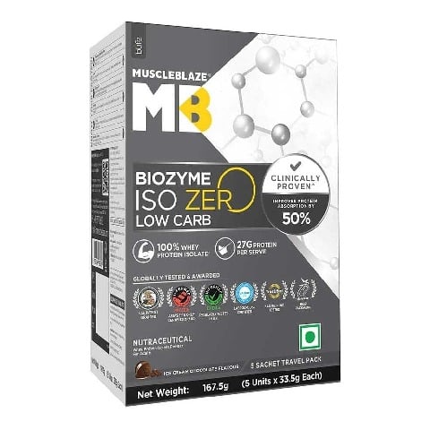 2 - MuscleBlaze Biozyme Iso-Zero Powder, 0.37 lb Low carb Ice Cream Chocolate Travel Pack (5x33.5g)