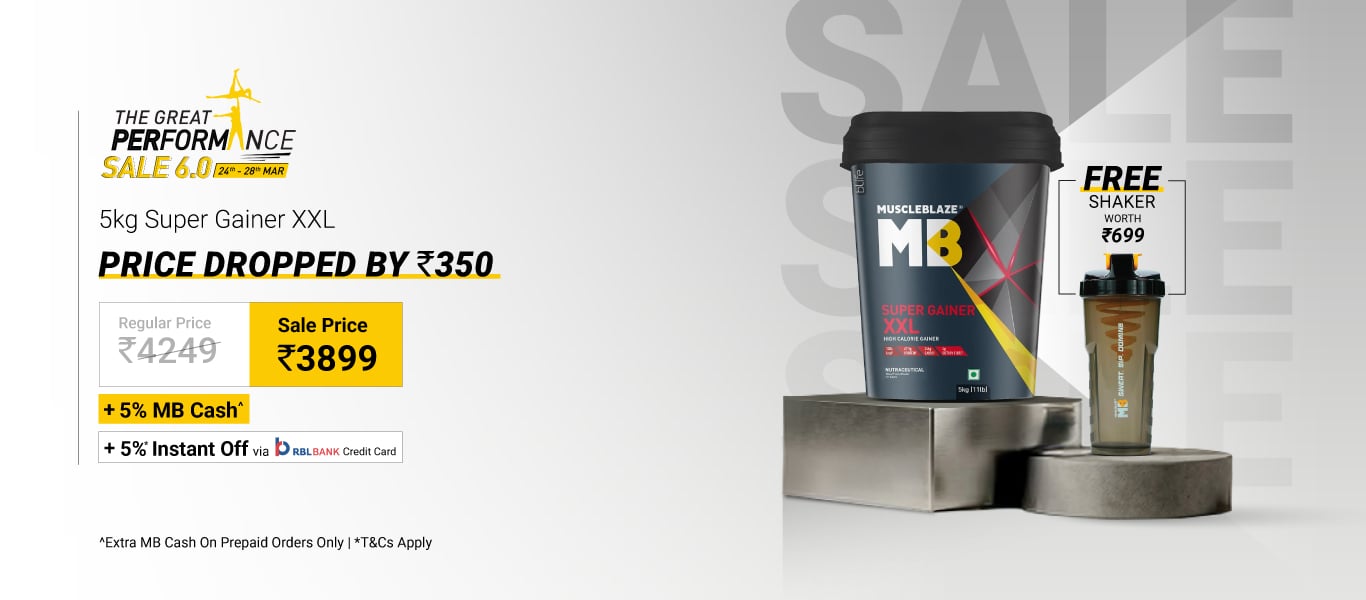 MuscleBlaze Super Gainer XXL Weight Gainer 5 kg Chocolate @ 3899 + Free Shaker + 5% MB Cash