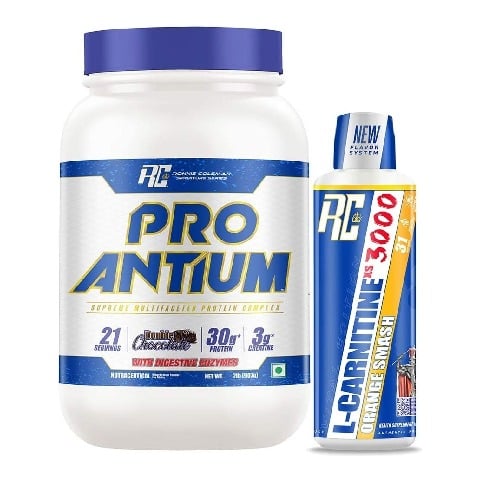 Ronnie Coleman Pro-Antium Whey Protein 2 lb Double Chocolate & L-Carnitine Liquid 465 ml Orange Smash Combo