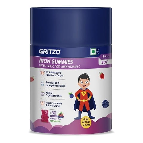 2 - Gritzo Iron Gummies with Folic Acid and Vitamin C for 7-12 Years Boys,  30 gummies  Mixed Berry 