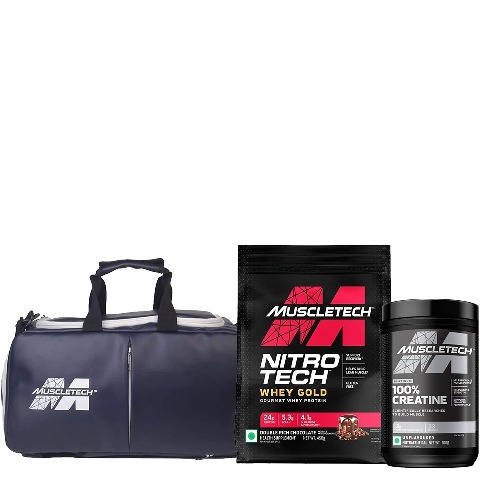 1 - MuscleTech Nitrotech Whey Gold & Platinum Creatine with Leather Gym Bag Blue Combo,  0.99 lb  Double Rich Chocolate, Unflavoured 0.22 lb 