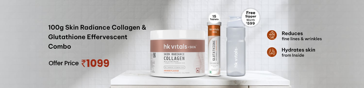 HealthKart HK Vitals Skin Radiance Collagen 100 g & Glutathione Effervescent 15 Tabs Orange Comb | Offer Price - 1099 + Free Sipper