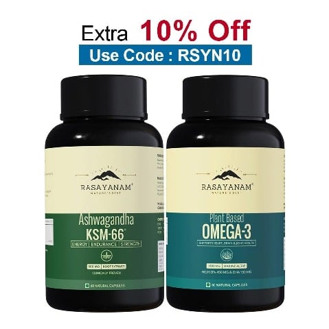Rasayanam Ashwagandha KSM-66 & Plant Based Omega 3 Combo, 60 capsules