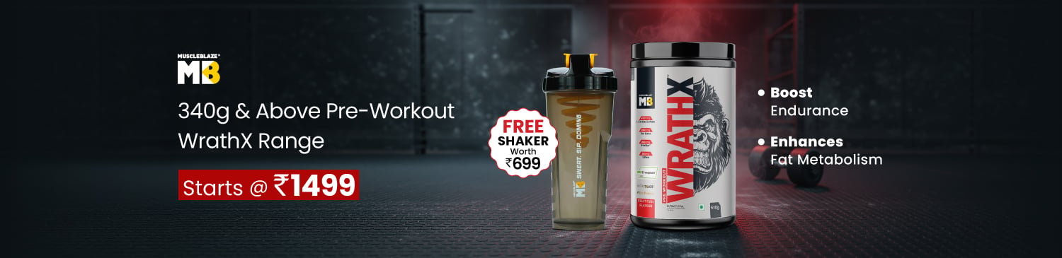 MuscleBlaze Pre-workout Wrathx 340g and above Range | Free Shaker