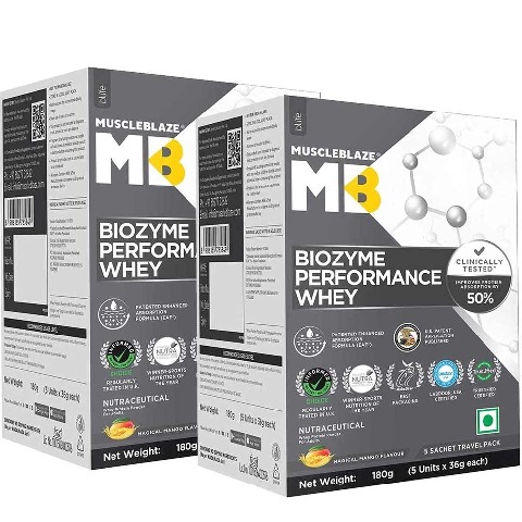 MuscleBlaze Biozyme Performance Whey Magical Mango 360g - 10 sachets x 36g