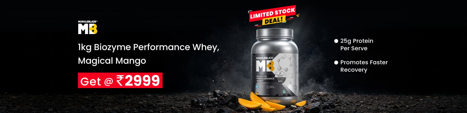 MuscleBlaze Biozyme Performance Whey Protein Powder, 1 kg (2.2 lb), Magical Mango | Offer Price - 2999