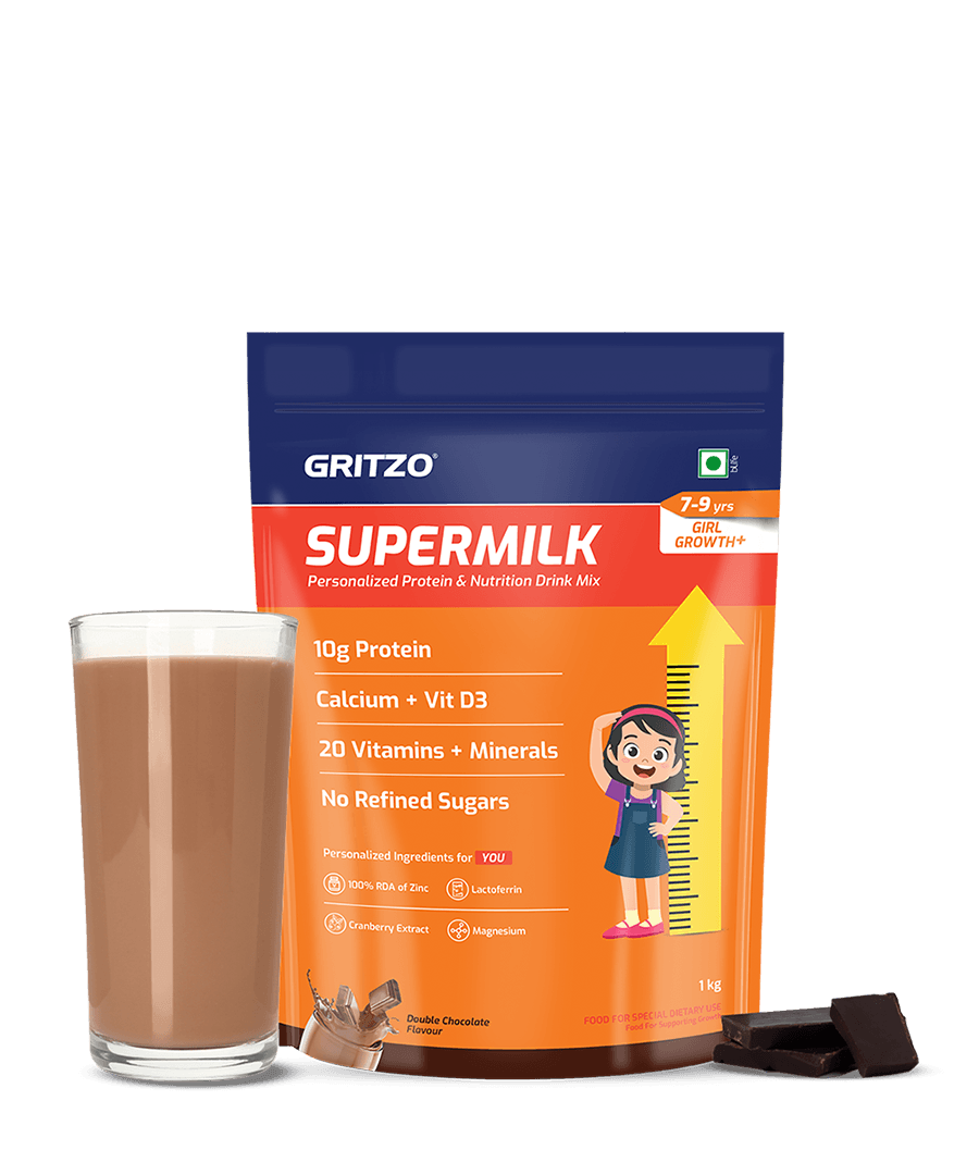 Supermilk Growth+ for Girl 7 to 9 years, 1 kg Double Chocolate 7-9 Yrs Girl Growth+ With Unrefined Sugar