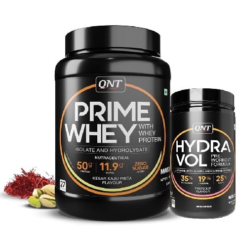 1 - QNT Prime Whey 2.2 lb Kesar Kaju Pista with Hydra Vol Pre Workout Combo,  0.88 lb  Pasteque 