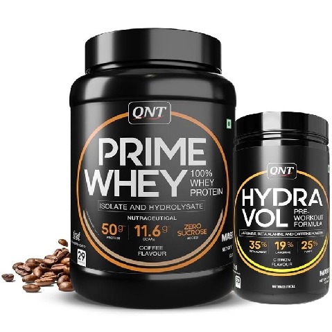 1 - QNT Prime Whey 2.2 lb Coffee with Hydra Vol Pre Workout Combo, 0.88 lb Citron