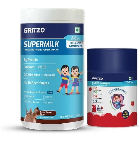 2 - Gritzo Supermilk Immunity Kit, 400 g Chocolate for Boy/Girl 2-6 Yrs with Gummies