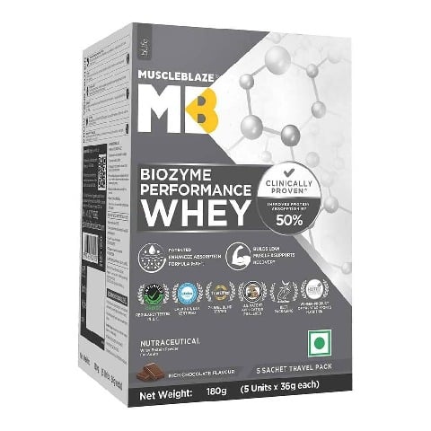 3 - MuscleBlaze Biozyme Performance Whey Protein Powder (Old MRP), 0.4 lb Rich Chocolate Travel Pack (5x36g) sachets
